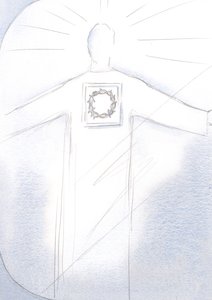 Ypperstepresten Kristus dukker opp i majestet, hans kappe bærer bildet av tornekronen, 2001 (w/c på papir) av Elizabeth Wang