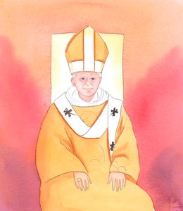 Kristus fortalte meg at ingen er klarsyntere enn pave Benedikt XVI når det gjelder endringene som er nødvendige for å sikre at den hellige liturgien gjennomføres på en passende måte, verdig himmelen, 2005 (akvarell på papir) av Elizabeth Wang