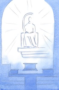 Kristus satt på en himmelsk trone, i vår helligdom. Kristus vår Gud er verdig lidelsene vi bærer av kjærlighet til ham, 2002 (w/c på papir) av Elizabeth Wang