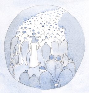 Kristus gikk midt blant sitt folk, et barn på sine skuldre, med pilegrimer og syke., 2001 (w/c på papir) av Elizabeth Wang