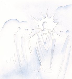 Kristus, som er døren, leder oss frem og tilbake i himmelsk selskap, 2000 (w/c på papir) av Elizabeth Wang