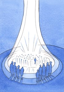 Kristi offer - ofret fra på jorden - er som et fyrtårn av lys før himmelen, 2002 (w/c på papir) av Elizabeth Wang