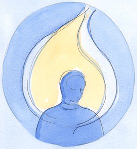 Kristi nærvær i sjelen, i nattverden, er som en ild som brenner bort små feil, og som stiger opp til himmelen, 2002 (w/c på papir) av Elizabeth Wang