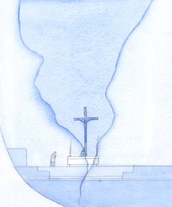 Under den hellige messen var det som om en sprekk dukket opp over helligdommen, gjennom hvilken jeg så Kristus på korset, 2002 (w/c på papir) av Elizabeth Wang