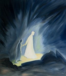 Selv i mørket av våre lidelser trøster og veileder Jesus oss, 2001 (olje om bord) av Elizabeth Wang