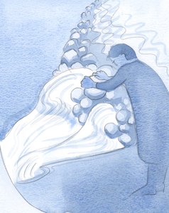 Hver åpenhjertig bekjennelse av ekte svakhet får mer nåde til å strømme gjennom oss, som vann fra et basseng når hindringer fjernes., 2001 (w/c på papir) av Elizabeth Wang