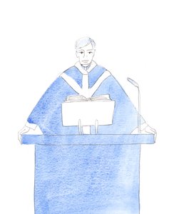 Alt i en prests liv bør blekne til ubetydelighet når det settes ved siden av den øverste oppgaven å redde sjeler og lede dem mot en evig påske, 2003 (w/c på papir) av Elizabeth Wang
