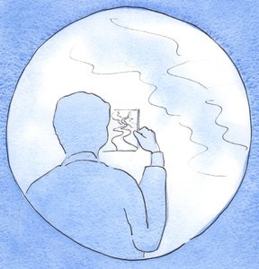 Tro er som et spesielt stykke glass, gitt til en halvblind person i et tåkete land: et glass som han kan få fri utsikt over veien videre, 2003 (w/c på papir) av Elizabeth Wang