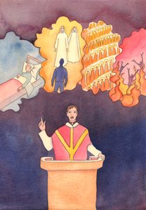 Få mennesker er modige nok til å snakke om "De fire siste tingene" - Death, Judgement, Heaven and Hell, 2004 (w/c på papir) av Elizabeth Wang