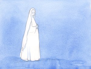 I mange måneder bar Vår Frue Kristus i sitt liv; Hun hadde tid til å reflektere over hennes rolle i Guds plan, 2002 (w/c på papir) av Elizabeth Wang