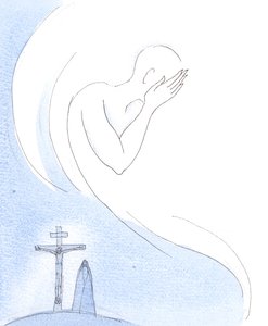 Gud «liker» ikke å se oss lide, akkurat som Gud Faderen ikke likte å se sin Sønn lide på jorden, 2004 (akvarell på papir) av Elizabeth Wang