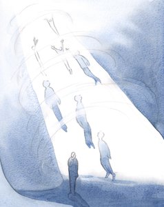Gud trekker inn i sin lykke etter døden de som kan bære glansen av herlighet, mens de som fortsatt er fortært av skam venter nedenfor., 2001 (w/c på papir) av Elizabeth Wang