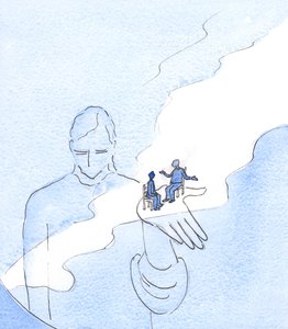 Gud holder i eksistensen alle ting, og alle mennesker, inkludert de som stiller spørsmål ved hans eksistens, 2003 (w/c på papir) av Elizabeth Wang