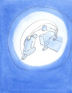Gud Faderen, klar over de forferdelige kostnadene ved inkarnasjonen, strekker seg gjennom sin Hellige Ånd til sin elskede Sønn, som villig samtykker til å komme til jorden for vår frelse, 2003 (w/c på papir) av Elizabeth Wang