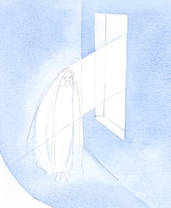 Gud, gjennom sin Hellige Ånds handling, fikk Ordet til å komme inn i Marias liv, ved hennes samtykke, og til å ta kjød i hennes liv., 2001 (w/c på papir) av Elizabeth Wang