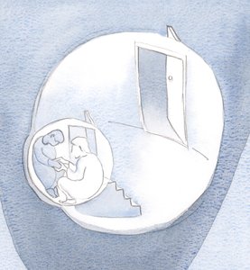 Han klatret inn i det innerste rommet i hjertet mitt, for å sitte stille i selskap og holde meg i hånden., 2001 (w/c på papir) av Elizabeth Wang