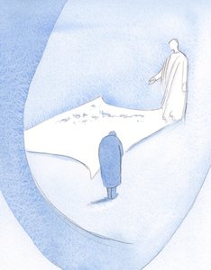 Han forklarte at mitt fillete plagg – ved at det ble utsatt for hans blikk – ville bli plettfritt. Det blir "bryllupsplagget", 2000 (w/c på papir) av Elizabeth Wang