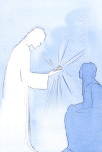 Han holdt frem et lite trofé som var formet som en krystall. Det representerte intensjonens renhet som jeg hadde forfulgt, 2002 (w/c på papir) av Elizabeth Wang