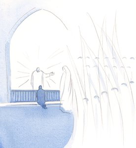 Han indikerte sin hellige mor, og alle englene og de hellige, og sa at vi har mange hellige venner som lengter etter å hjelpe oss, og trenger ikke å være ensomme., 2000 (w/c på papir) av Elizabeth Wang