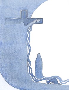 Han viste meg korset, oppreist, sin mor under det, og sitt blod i en stor uthelling som strømmet over meg., 2000 (w/c på papir) av Elizabeth Wang