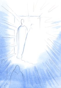 Himmelens dør åpnet seg, i bønn, på en spesiell merkedag, for å avsløre himmelens venner og himmelens herlighet, 2002 (w/c på papir) av Elizabeth Wang