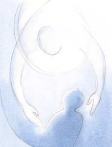Hvor stor er Faderens kjærlighet til den angrende sjelen, når Gud omfavner sjelen i én rask, øm bevegelse av tilgivelse., 2001 (w/c på papir) av Elizabeth Wang