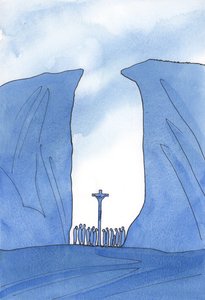 Hvor lite, isolert eller forfulgt samfunnet vårt enn er, er Kristus blant oss i messen, som i en kløft, 2001 (w/c på papir) av Elizabeth Wang