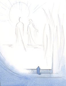 Jeg lærte om Marias godhet og nåde; Jeg så hvorfor hun hjelper de svake og trengende., 2000 (w/c på papir) av Elizabeth Wang