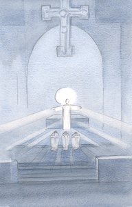 Jeg så Kristus se på sitt folk og glede seg over å være her med oss alle., 2000 (w/c på papir) av Elizabeth Wang