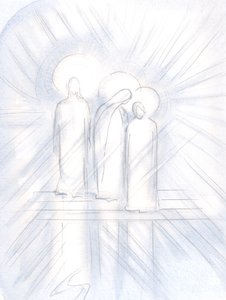 Jeg så Jesus tydelig, hans hellige mor ved hans side, og den hellige Josef ved siden av henne. Kristus gir dem til oss, som hjelpere og eksempler, 2000 (w/c på papir) av Elizabeth Wang