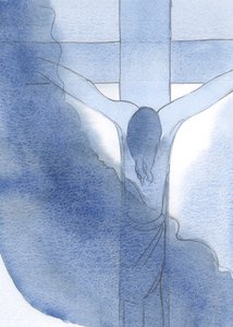 Jeg så Jesus, korsfestet og blodig, hode bøyd i pine. Det var her kjærligheten brakte Ham, 2000 (w/c på papir) av Elizabeth Wang