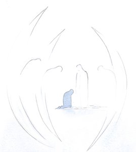 Jeg så hvordan de hellige englene bøyer seg ærbødig ved Kristi nærvær i sjelen, i Nattverden., 2000 (w/c på papir) av Elizabeth Wang