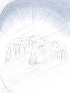 Jeg så de hellige tøffe, som det var, for privilegiet å hjelpe oss, med Jomfru Maria i sentrum, 2000 (w/c på papir) av Elizabeth Wang