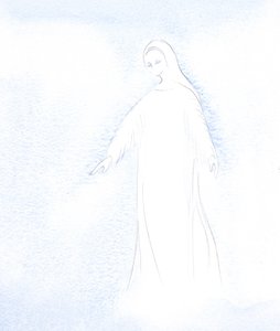 Jeg fikk et glimt av vår hellige mor Marias verdighet og av den herligheten hun nå mottar i himmelen., 2001 (w/c på papir) av Elizabeth Wang