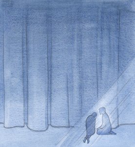Jeg ble hjulpet og beroliget, der i mørket, av Kristi stille selskap på denne siden av sløret., 2001 (w/c på papir) av Elizabeth Wang