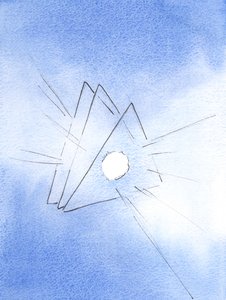 Jeg ble vist et symbol på den hellige treenighet: tre trekanter, med en ild som smeltet lava (som representerer guddommelig kjærlighet) i hjertet av hver, 2003 (w/c på papir) av Elizabeth Wang