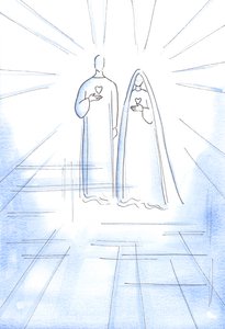 Jeg ble vist de to hjertene: av den syndfrie Kristus, og av hans ulastelige mor, i himmelens strålende lys, 2002 (w/c på papir) av Elizabeth Wang