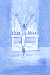 Hvis Kristus - med ærbødighet - tilbyr ydmyk lovprisning til Faderen, tør noen på jorden prise med mindre ærbødighet?, 2002 (w/c på papir) av Elizabeth Wang