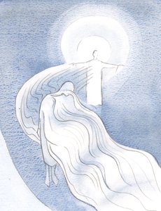 Hvis en sjel er ydmyk, kan Kristi nåde strømme gjennom den sjelen til andre, som gjennom gasbind, uhindret., 2000 (w/c på papir) av Elizabeth Wang