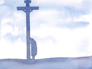 Hvis våre lidelser gjør det vanskelig å be, kan vi bare lene oss på korset, nær Kristus, hvile i ham og tålmodig tåle våre vanskeligheter, 2000 (w/c på papir) av Elizabeth Wang