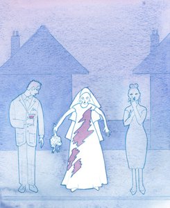 Tenk deg hvor flau en brud ville være, hvis kjole hadde blitt flekket av en sølt drink, og som så tenkte på hvordan hun gikk mot alteret, 2003 (w/c på papir) av Elizabeth Wang