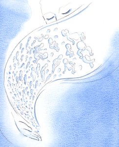 I Guds syn er små babyer som dør - før fødselen eller etter - som stjerneskudd som blusser kort og deretter faller ned fra himmelen, 2002 (w/c på papir) av Elizabeth Wang