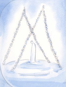 I himmelen hang kranser over stedet der Vår Frues hengivne prest tok imot Guds belønning og ære, 2002 (w/c på papir) av Elizabeth Wang
