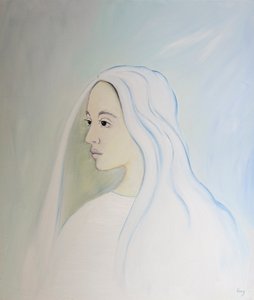 I himmelen deler jomfru Maria sønnens bekymring for alt som skjer på jorden, 2000 (olje om bord) av Elizabeth Wang