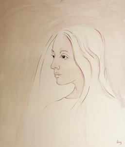 I himmelen deler jomfru Maria sønnens bekymring for alt som skjer på jorden, 2000 (olje om bord) av Elizabeth Wang