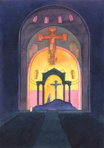 I Westminster Cathedral, og i enhver katolsk kirke, presenteres Golgataofferet på nytt for vår frelse ved messen, 2004 (w/c på papir) av Elizabeth Wang