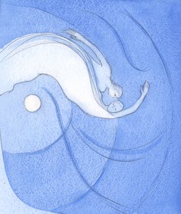 I vår forening med Gud er vi som barn som hopper over universet, elskere som leker, valper velter, 2002 (w/c på papir) av Elizabeth Wang