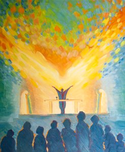 I den hellige liturgien, akkurat som i vår personlige bønn, stoler vi på Den Hellige Ånds kraft, 2000 (olje om bord) av Elizabeth Wang