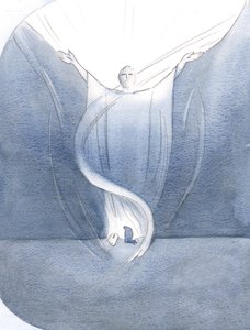 I mørket, over meg så jeg armene hans strukket ut i bønn, strekke seg ut mot herligheten jeg ikke kunne se., 2000 (w/c på papir) av Elizabeth Wang