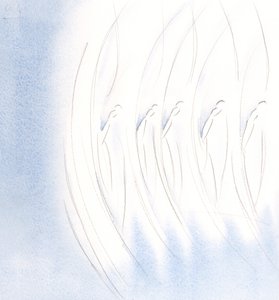Om kvelden så jeg at det hellige selskap av engler var som ett, i å lage korsets tegn., 2000 (w/c på papir) av Elizabeth Wang